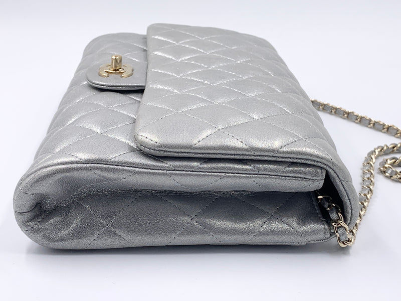 Sold-CHANEL Classic Quilted Flap Metallic Silver Calfskin Shoulder Bag/Clutch