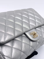 Sold-CHANEL Classic Quilted Flap Metallic Silver Calfskin Shoulder Bag/Clutch