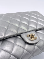 Sold-CHANEL Classic Quilted Flap Metallic Silver Calfskin Shoulder Bag/Clutch