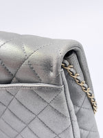 Sold-CHANEL Classic Quilted Flap Metallic Silver Calfskin Shoulder Bag/Clutch