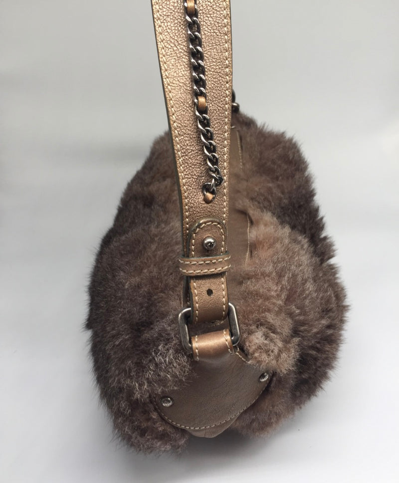 Sold-CHANEL Outdoor Ligne Hobo Fur with Leather Medium grey/brown