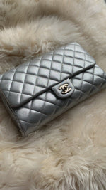 Sold-CHANEL Classic Quilted Flap Metallic Silver Calfskin Shoulder Bag/Clutch