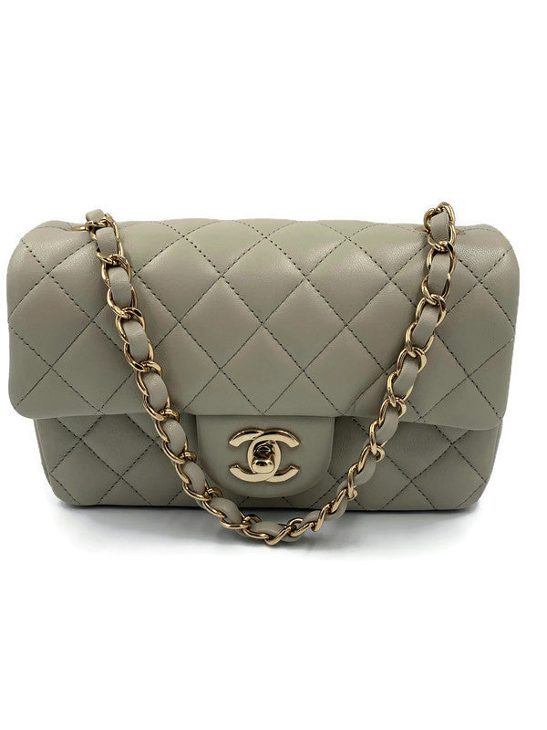 Sold-CHANEL Classic Grey Lambskin Mini Rectangular Crossbody Bag in Champaign Gold Hardware