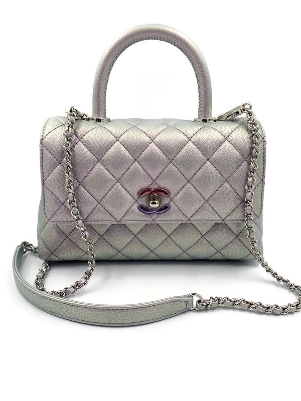 Sold-CHANEL Classic Iridescent Purple Caviar Small Coco Handle Bag in Silver Hardware