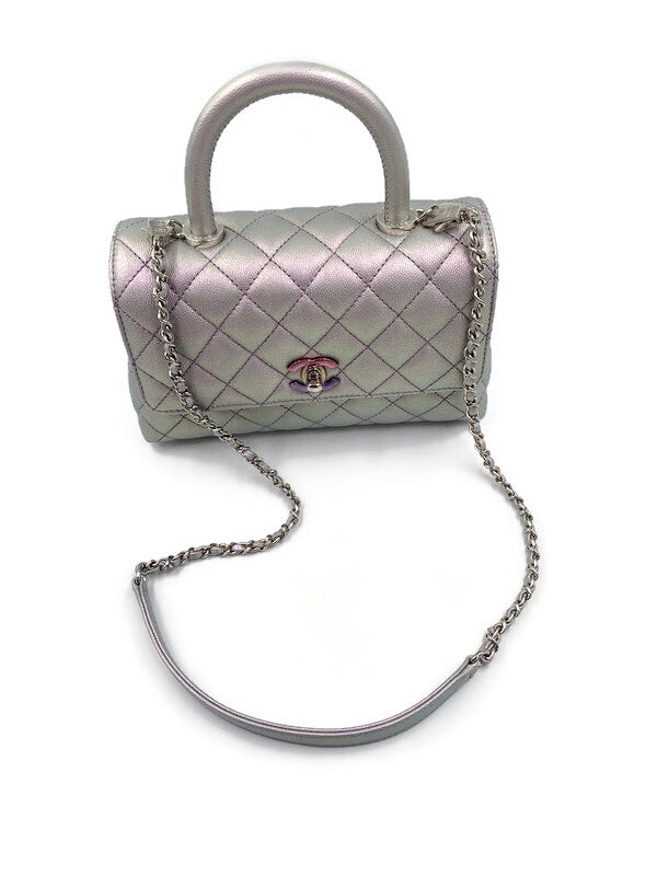 Sold-CHANEL Classic Iridescent Purple Caviar Small Coco Handle Bag in Silver Hardware