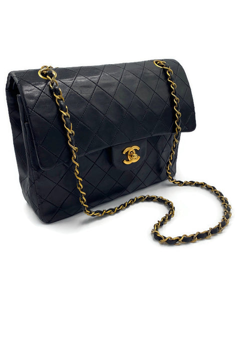 Sold-CHANEL Classic Lambskin Double Chain Double Flap Medium Square Bag Black / Gold Hardware