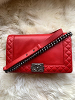 CHANEL Lambskin Medium Boy Reverso Flap Red with aged silver hardware