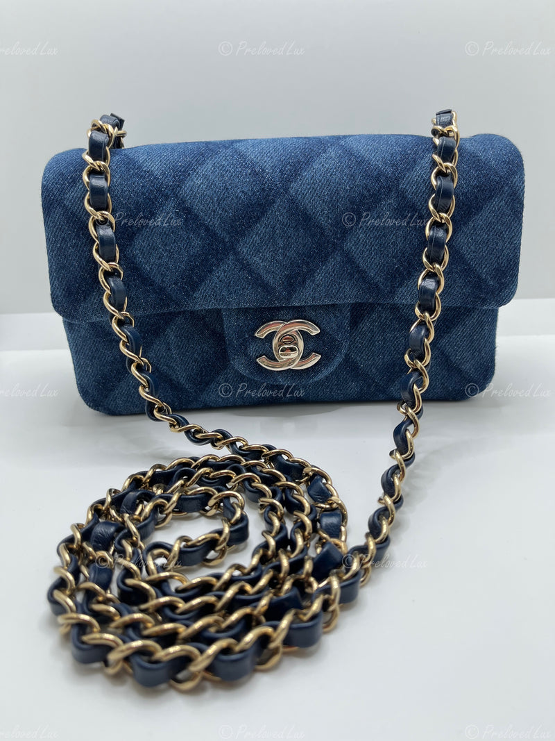 Sold-CHANEL Classic Denim Mini Rectangular Crossbody Flap Bag in Gold Hardware