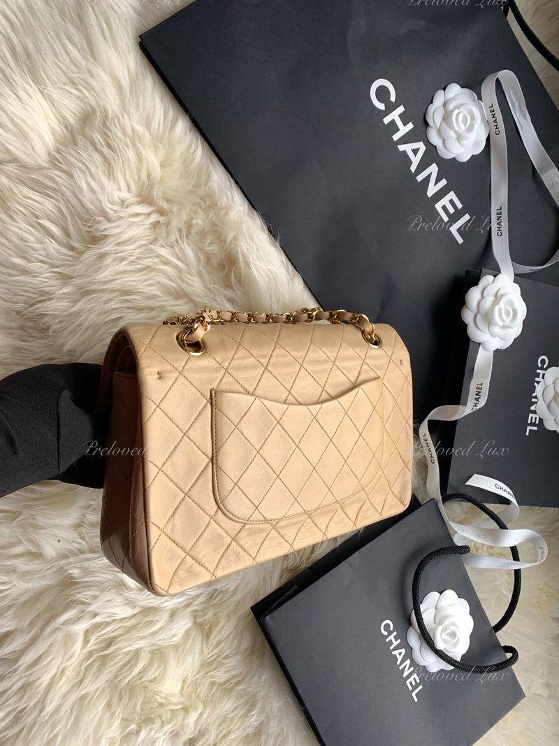 Sold-CHANEL Classic Lambskin Double Flap Medium Shoulder Bag - Beige Gold Hardware