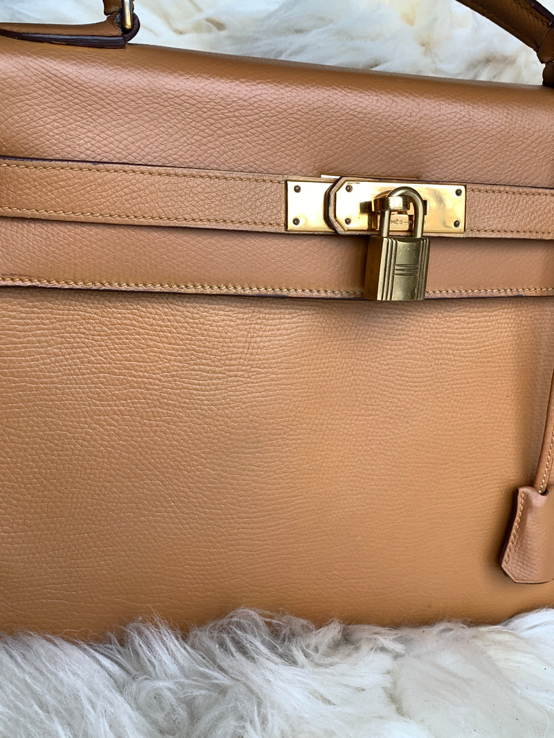 Sold-HERMES Vintage Kelly 32 Clemence Leather Gold Color GHW