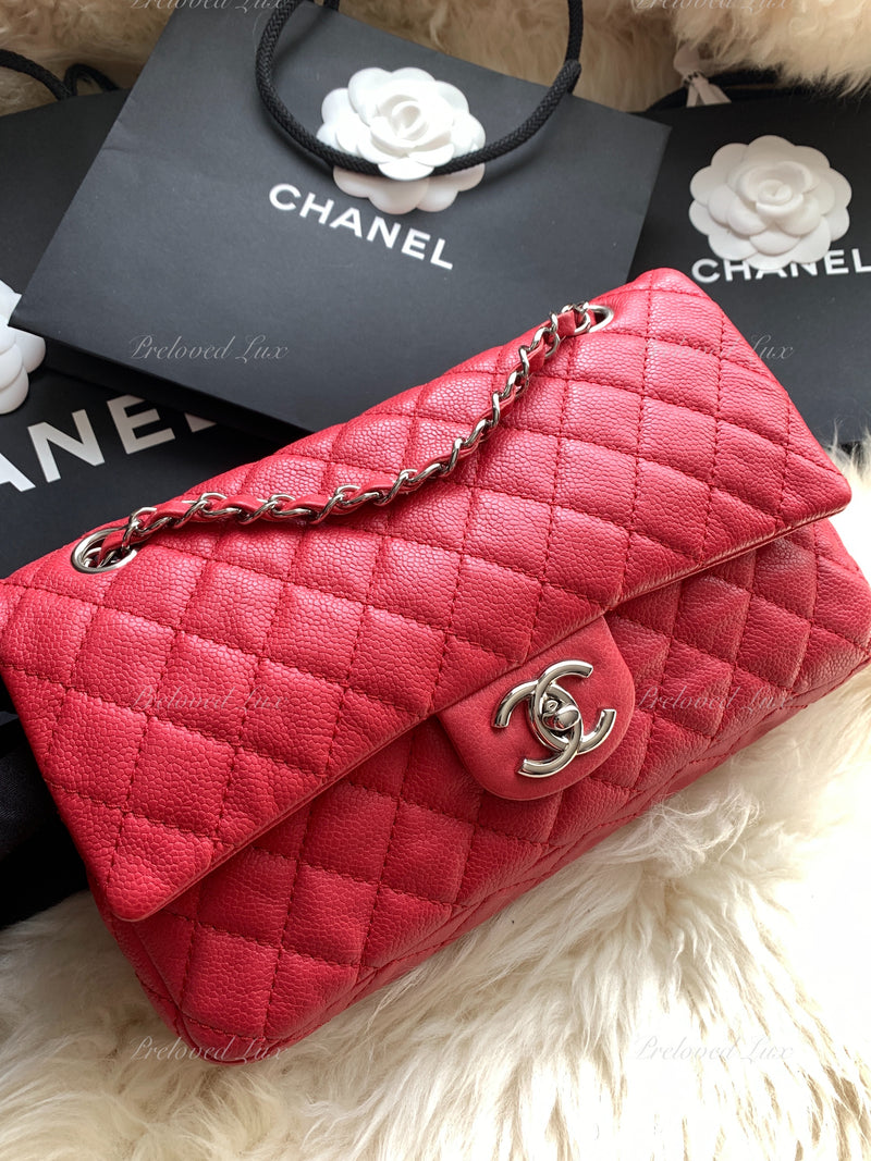 CHANEL Caviar Red Double Flap Shoulder Bag Silver Hardware