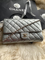 Sold-CHANEL Classic Quilted Flap Metallic Silver Calfskin Shoulder Bag/Clutch