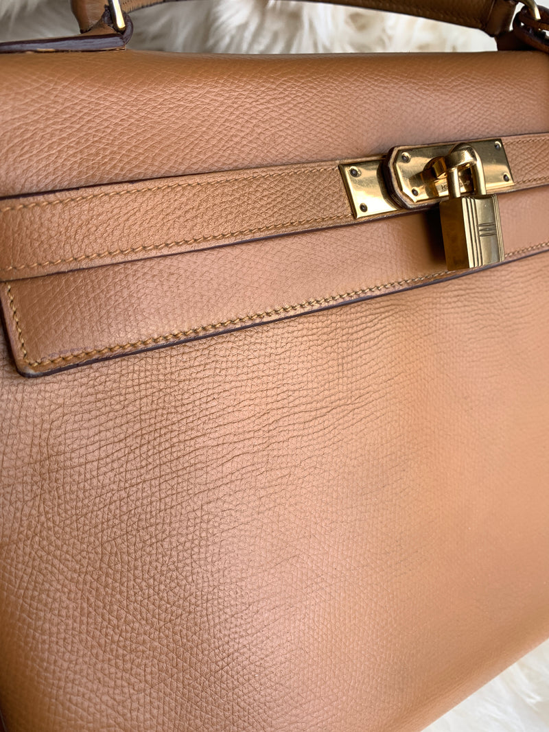 Sold-HERMES Vintage Kelly 32 Clemence Leather Gold Color GHW