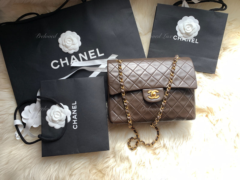 Sold-CHANEL Classic Lambskin Double Chain Double Flap Bag dark brown/gold