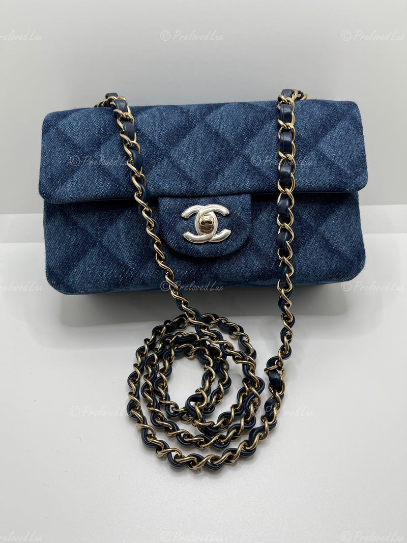 Sold-CHANEL Classic Denim Mini Rectangular Crossbody Flap Bag in Gold Hardware