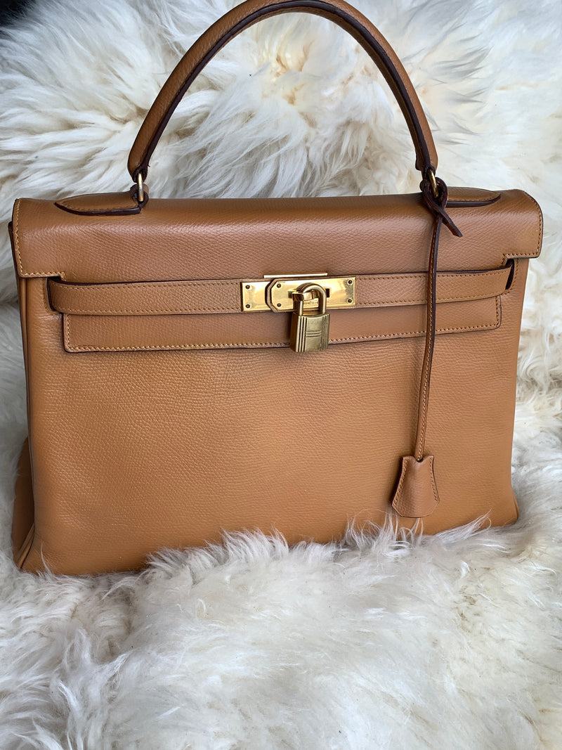 Sold-HERMES Vintage Kelly 32 Clemence Leather Gold Color GHW