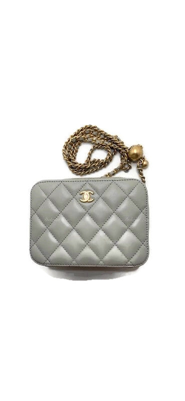 CHANEL Grey Lambskin Pearl Crush Mini Vanity Camera Bag in Aged Gold Hardware