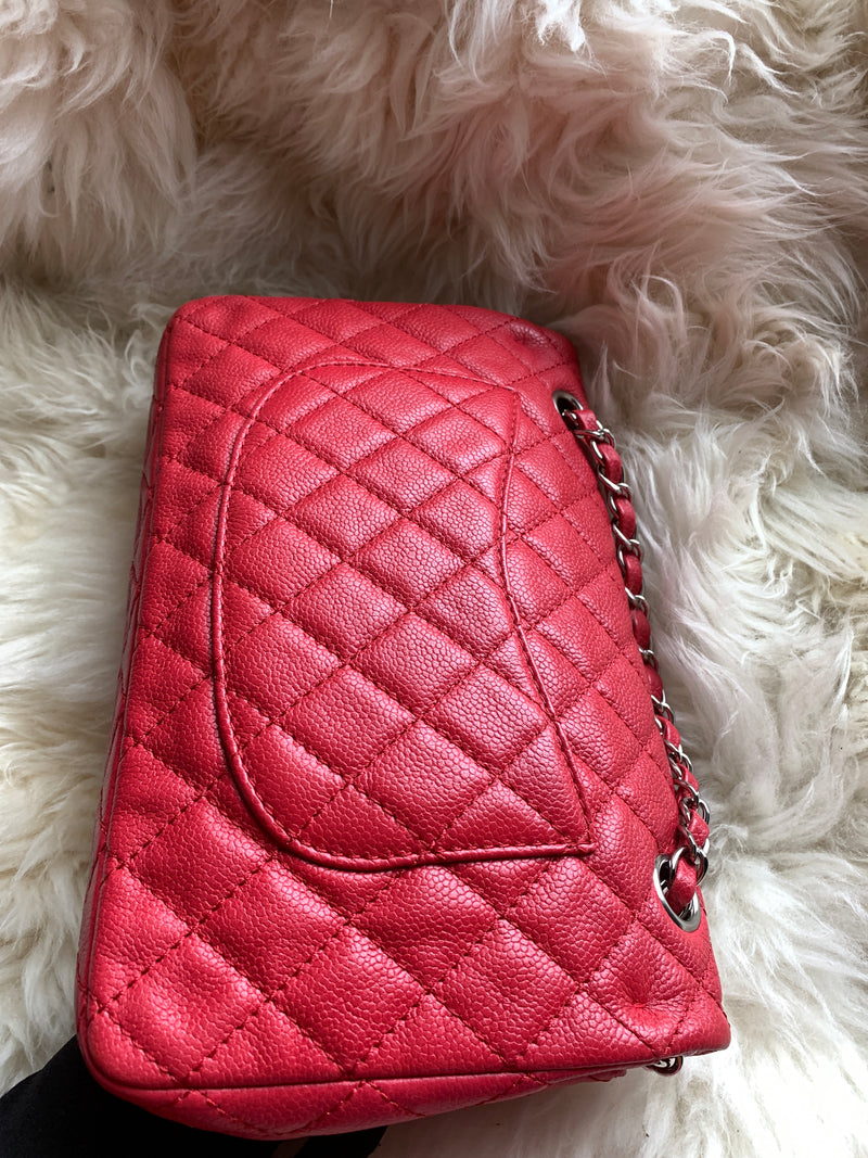 CHANEL Caviar Red Double Flap Shoulder Bag Silver Hardware