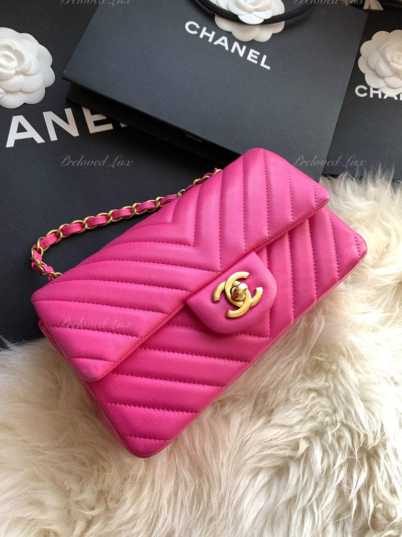 CHANEL Lambskin Chevron Mini Rectangular Pink with gold hardware