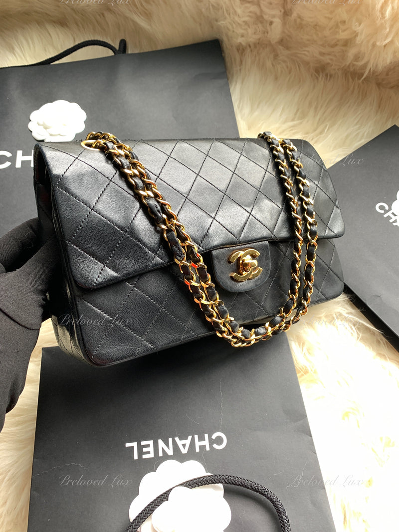 Sold-CHANEL Lambskin Double Chain Double Medium Flap Bag black/gold