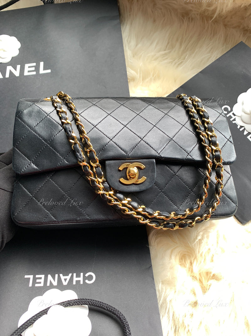 Sold-CHANEL Lambskin Double Chain Double Medium Flap Bag black/gold